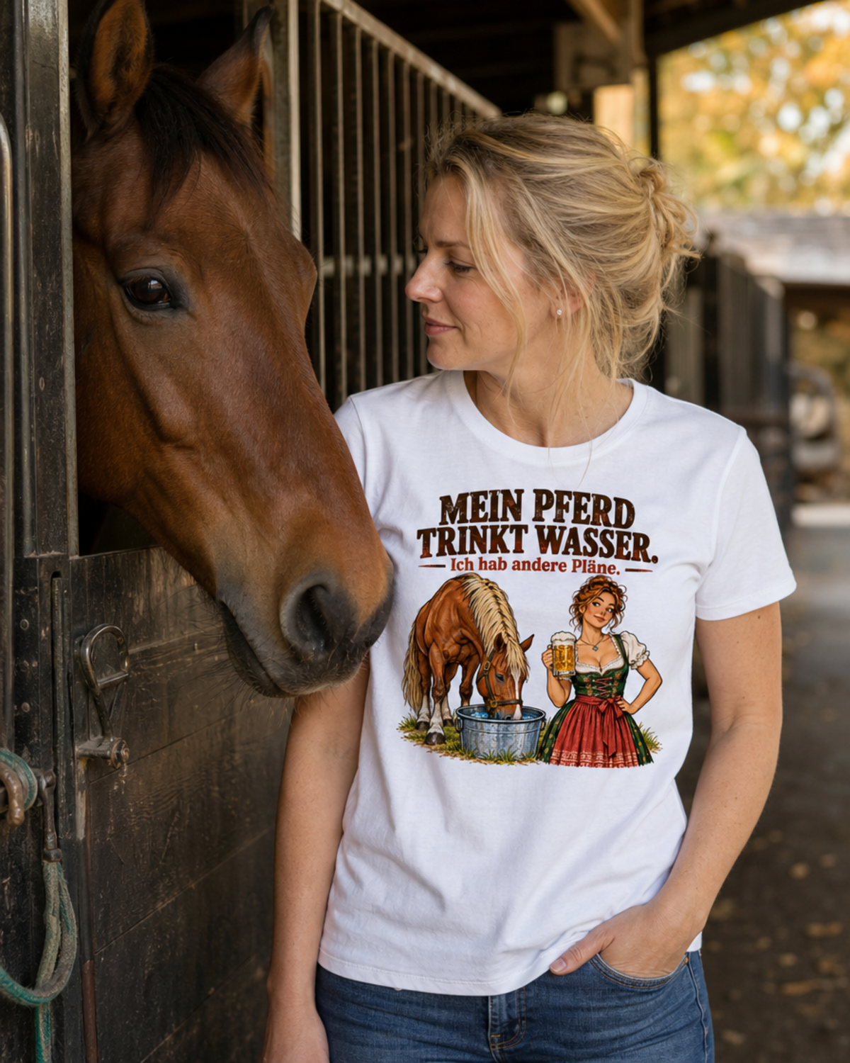 T-Shirt „Mein Pferd trinkt Wasser“ – Oktoberfest Pferde Edition
